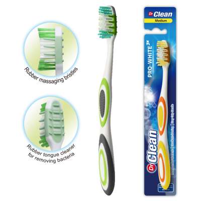 Chinese manufacture custom adult 360 oral clean plastic toothbrush with tongue cleaner