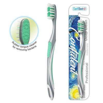 Bulk teeth whitening plastic eco charcoal bristles toothbrush with tongue cleaner