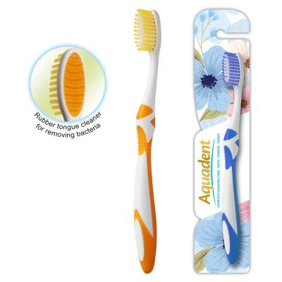 Wholesale floss bristles plastic custom logo 360 manual toothbrush with tongue cleaner